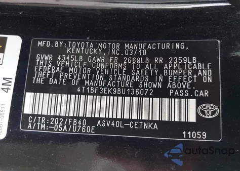 2011 Toyota Camry z USA, uszkodzony, nr VIN 4T1BF3EK9BU136072